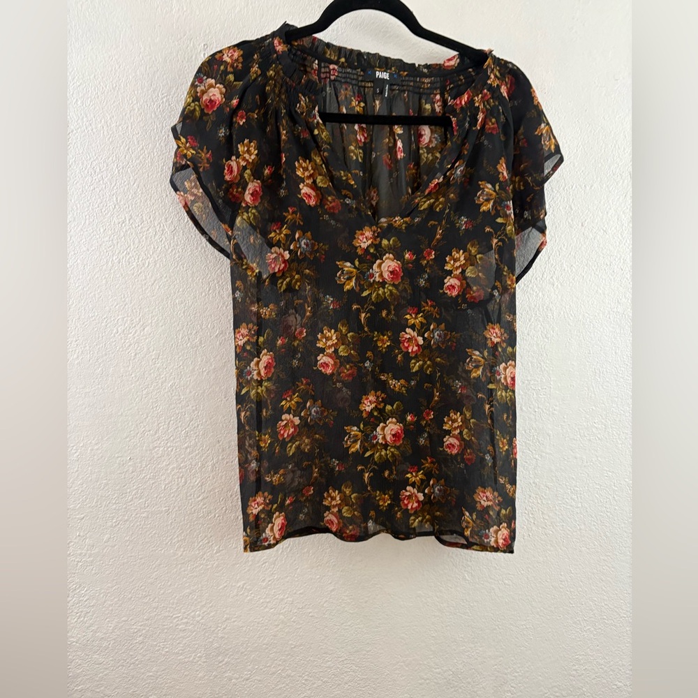 PAIGE Ally short sleeve floral print Silk black Top size S - Picture 2 of 9